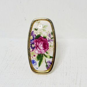 Vintage Floral Mirrored Lipstick Compact Holder Ring Gold Tone Hinged Japan EUC